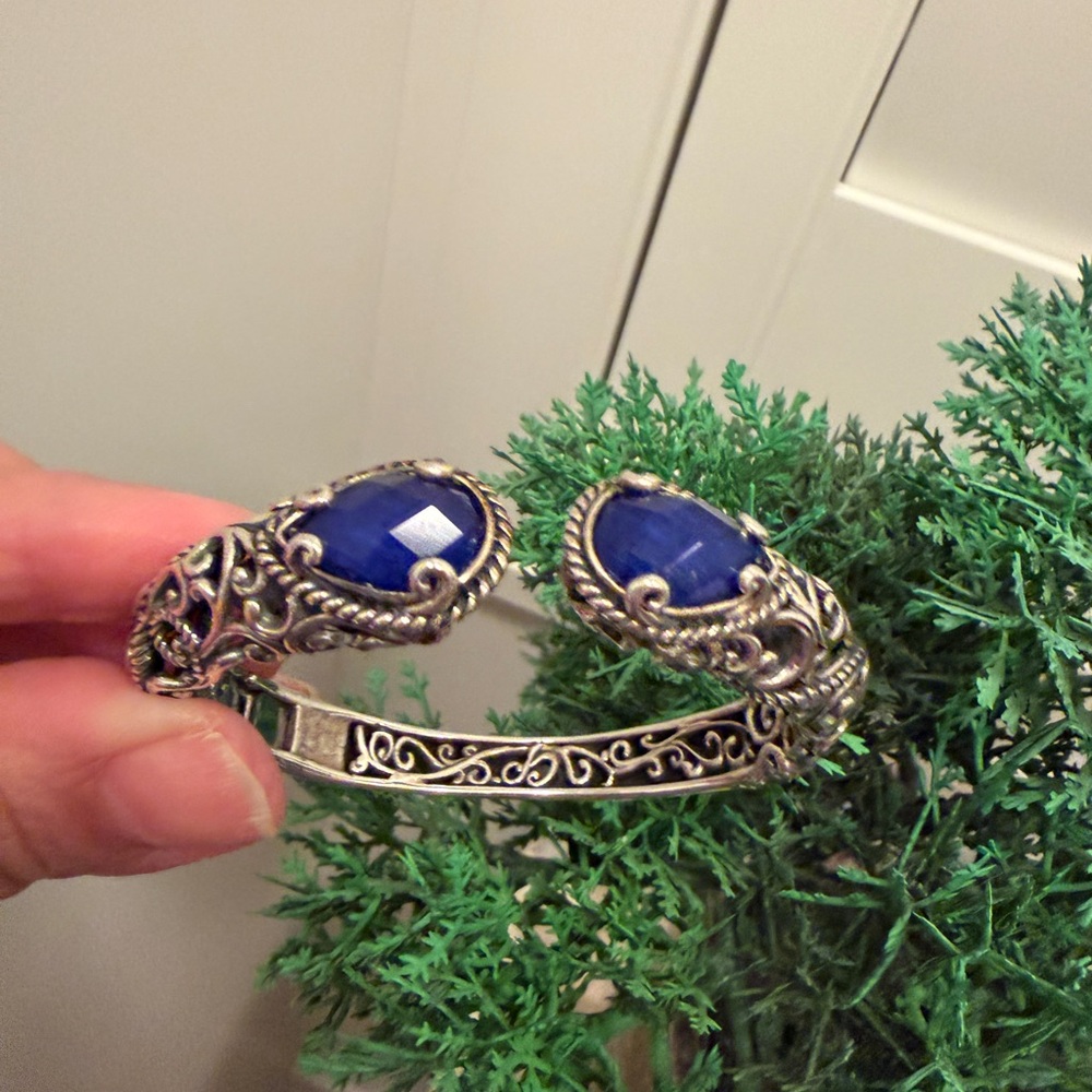 CAROLYN POLLACK 925 Silver Scroll Lapis Lazuli Hinged Cuff Bracelet vintage